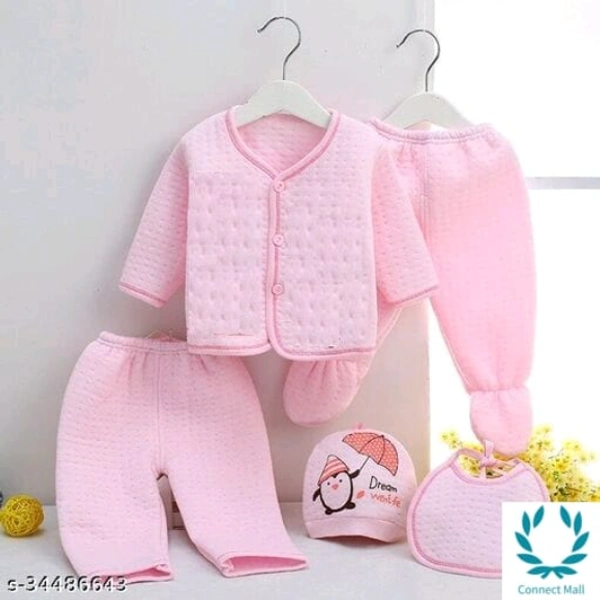 StylishNewborn Baby Clothes Set - 0-3 Months, Baby Pink, Top Fabric: Cotton Blend , Bottom Fabric:Wool, Pack of :5